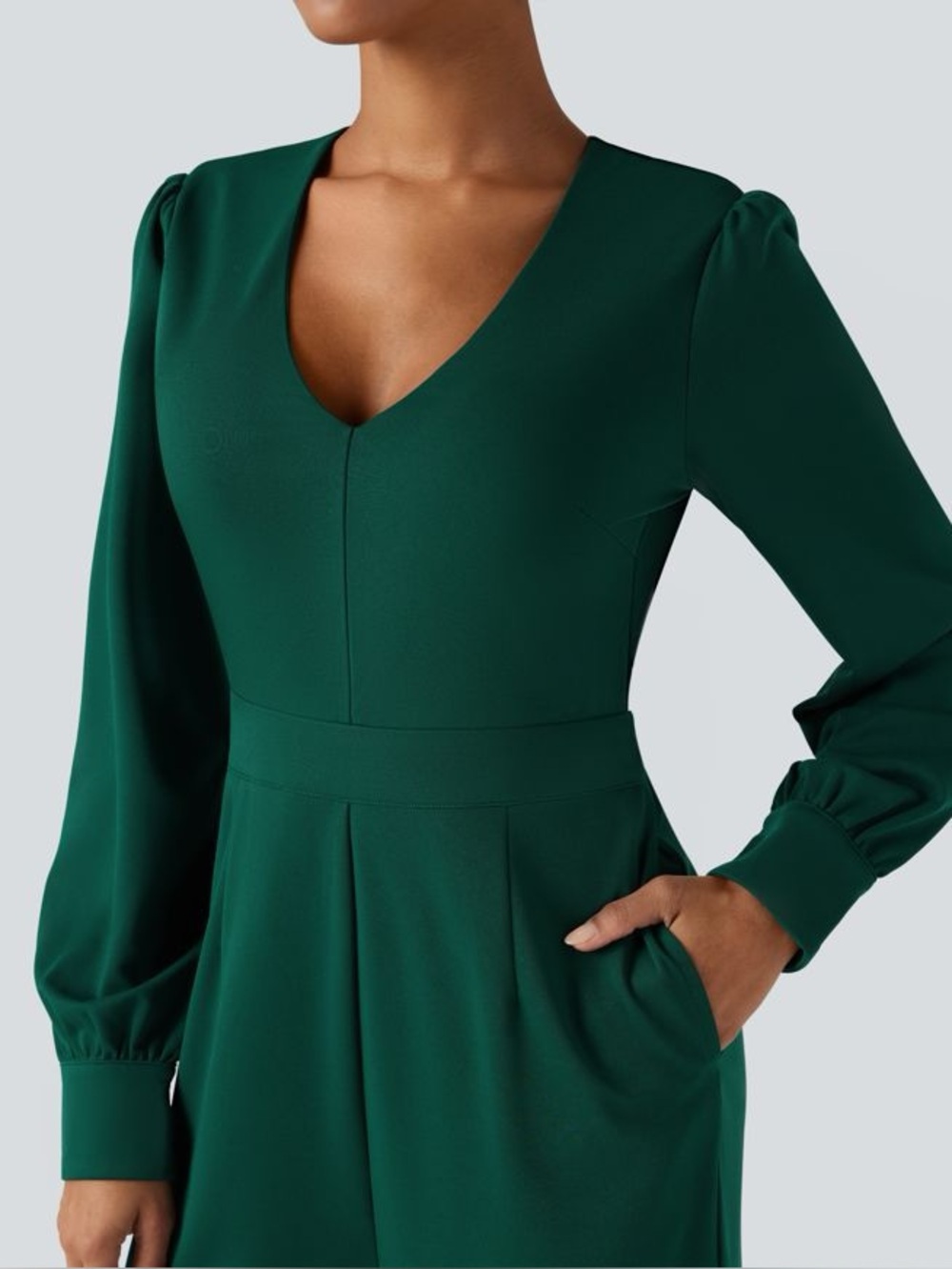 Halara V-Neck Puff Sleeve Work Jumpsuit Pockets NWT Medium - Picture 4 of 9